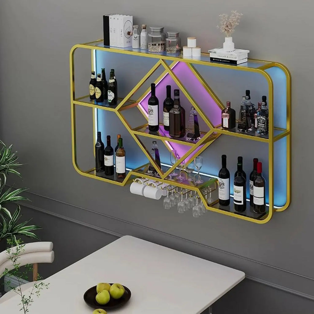 Porte-verres à vin mural en métal doré à motif diamant