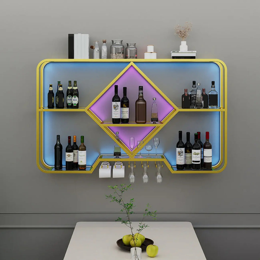Porte-verres à vin mural en métal doré à motif diamant