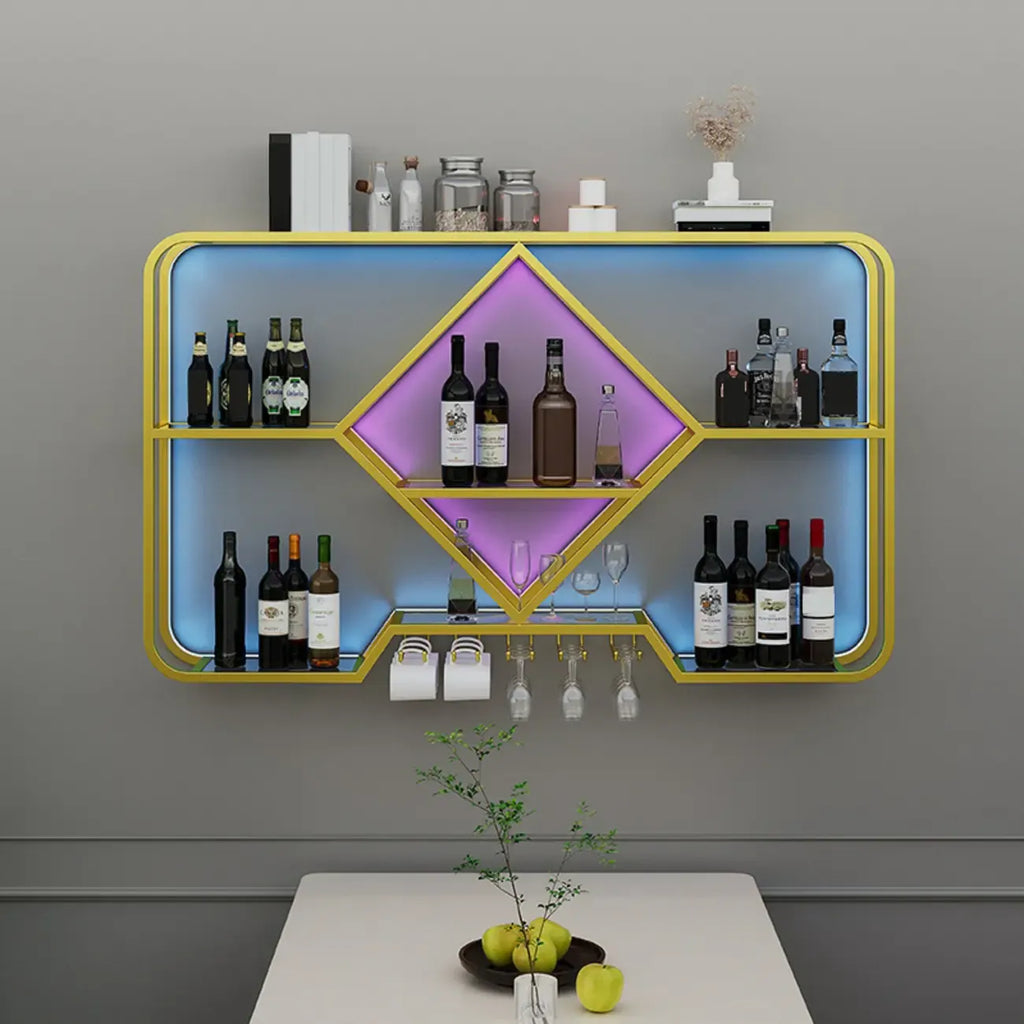 Porte-verres à vin mural en métal doré à motif diamant