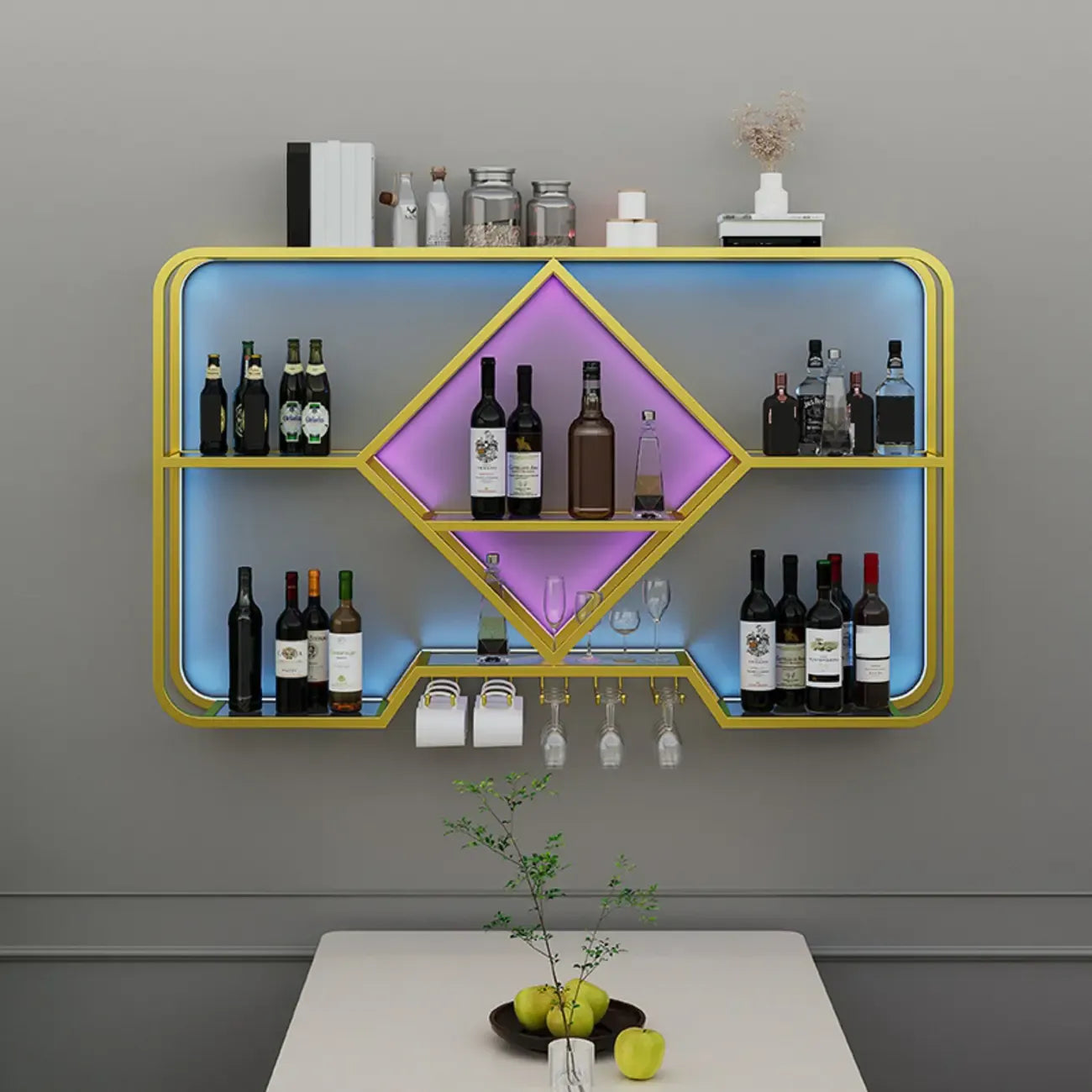 Porte-verres à vin mural en métal doré à motif diamant