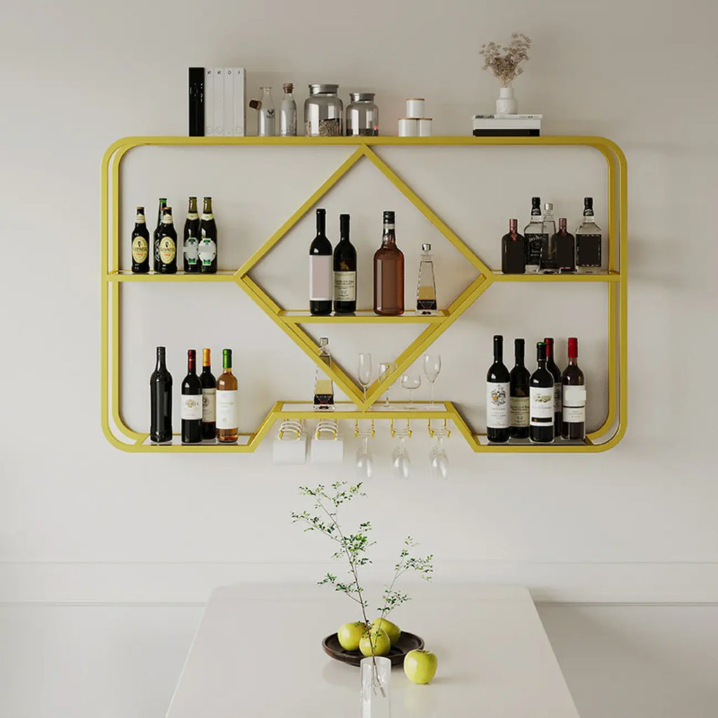 Porte-verres à vin mural en métal doré à motif diamant