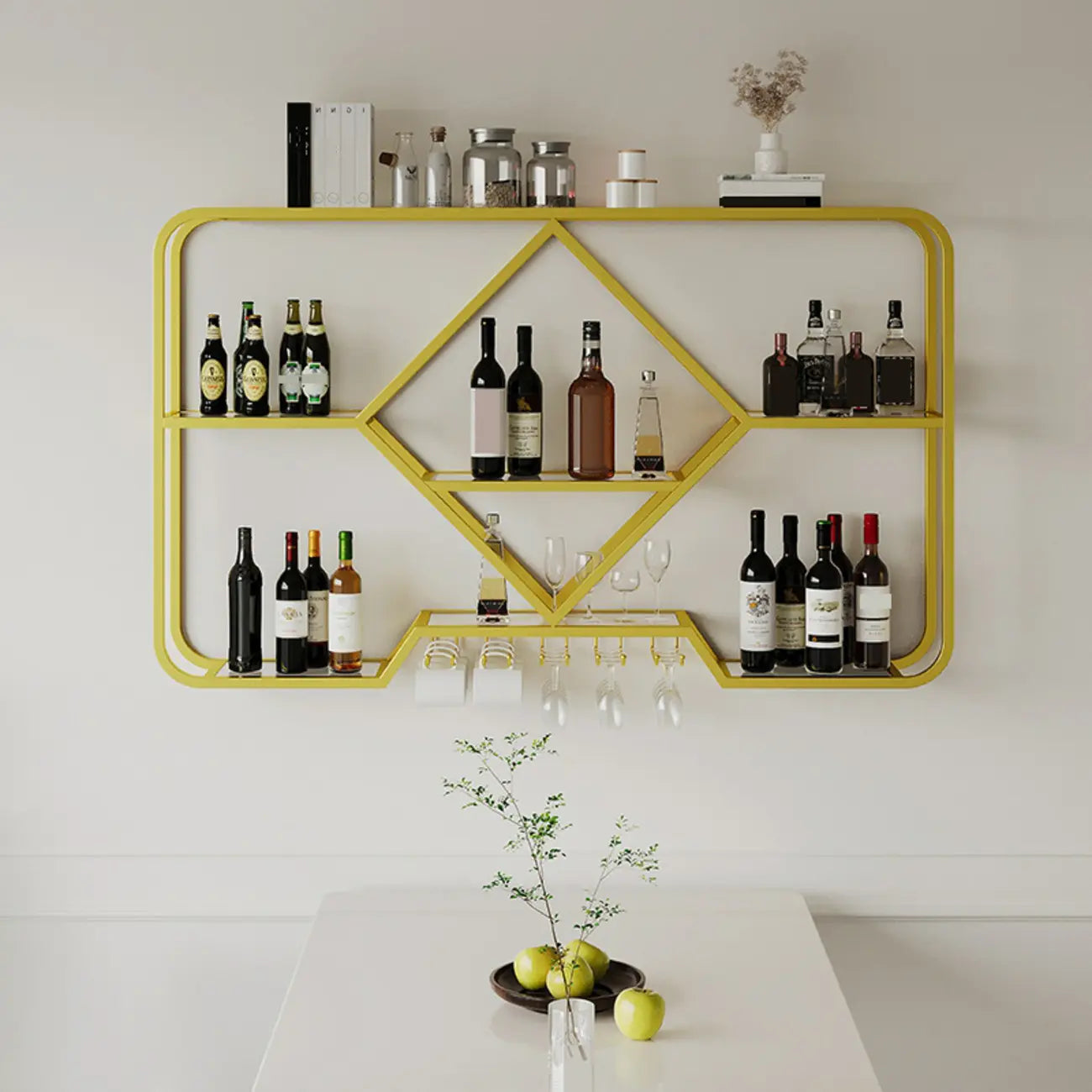 Porte-verres à vin mural en métal doré à motif diamant