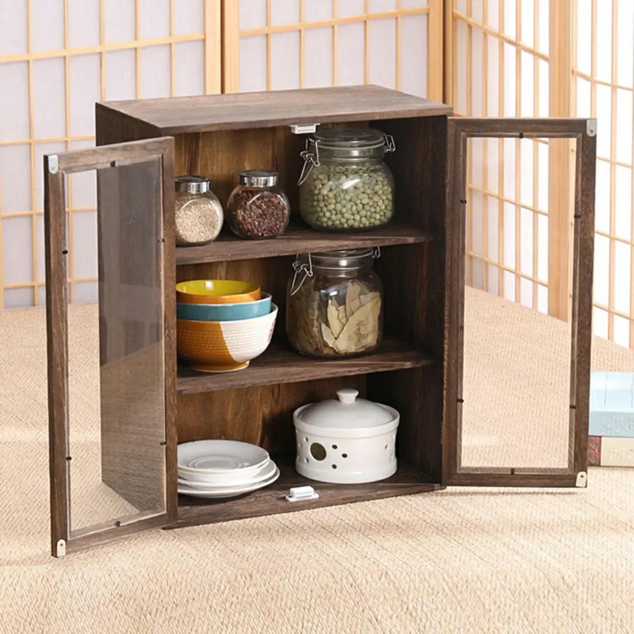Vitrine autoportante en bois marron pour cuisine
