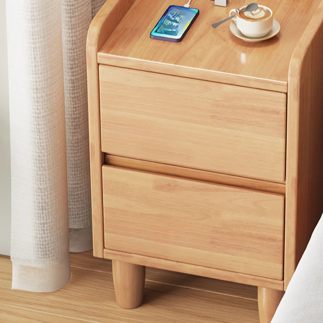Table de chevet en bois brun avec tiroirs de chargement USB et éclairage