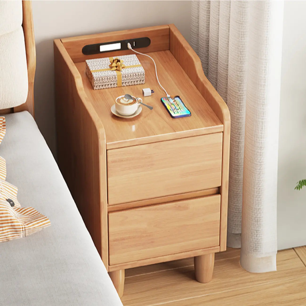 Table de chevet en bois brun avec tiroirs de chargement USB et éclairage