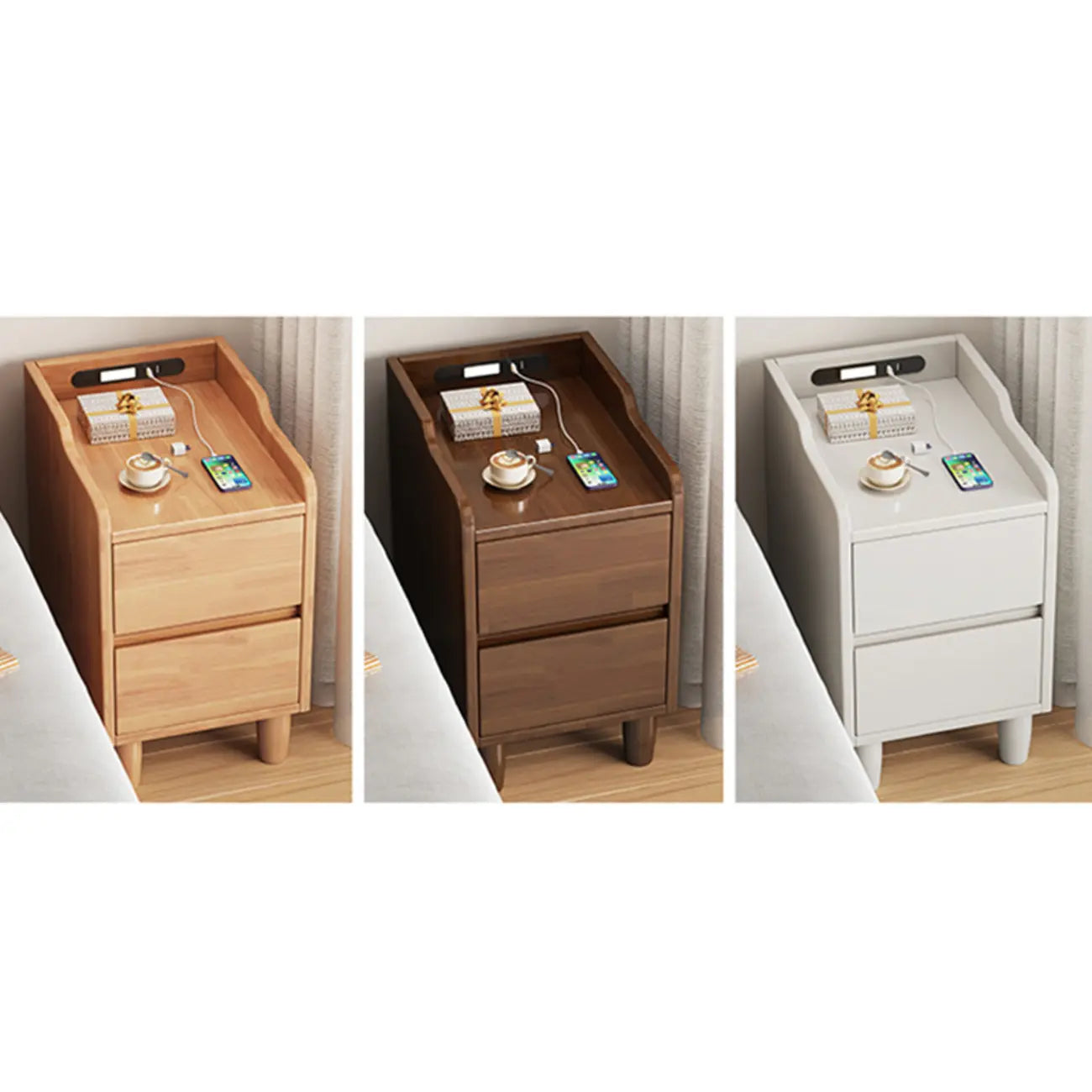 Table de chevet en bois brun avec tiroirs de chargement USB et éclairage