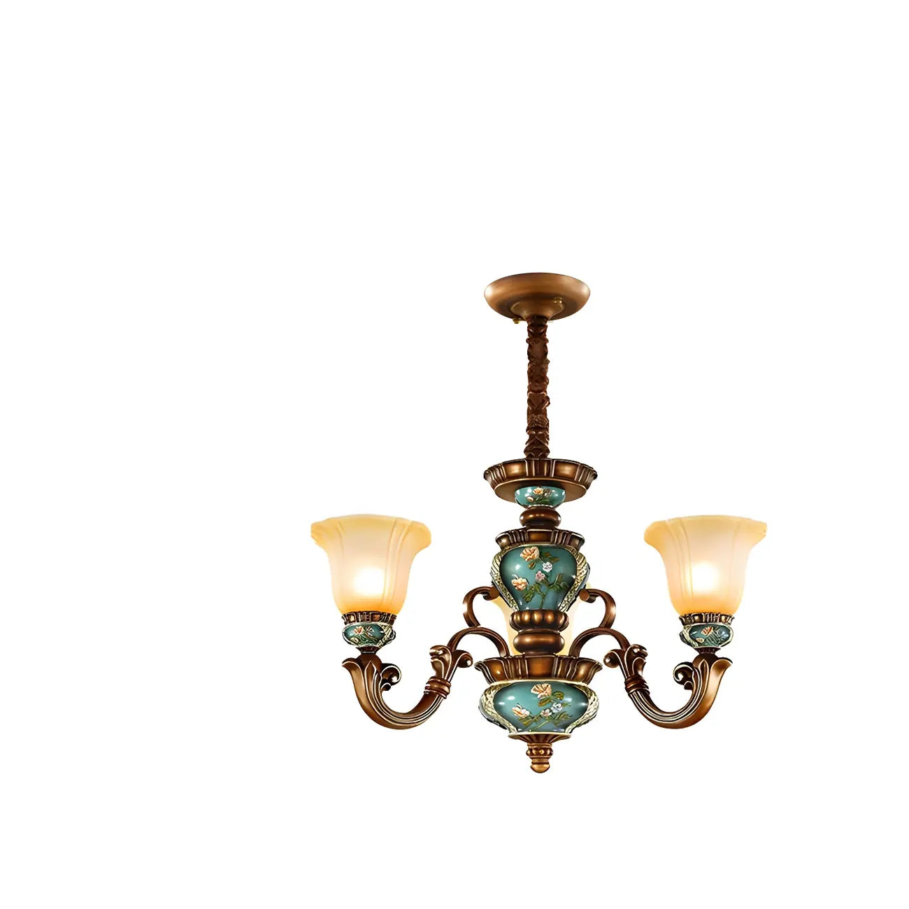 Lustre classique à motif floral en cuivre et verre dépoli céramique