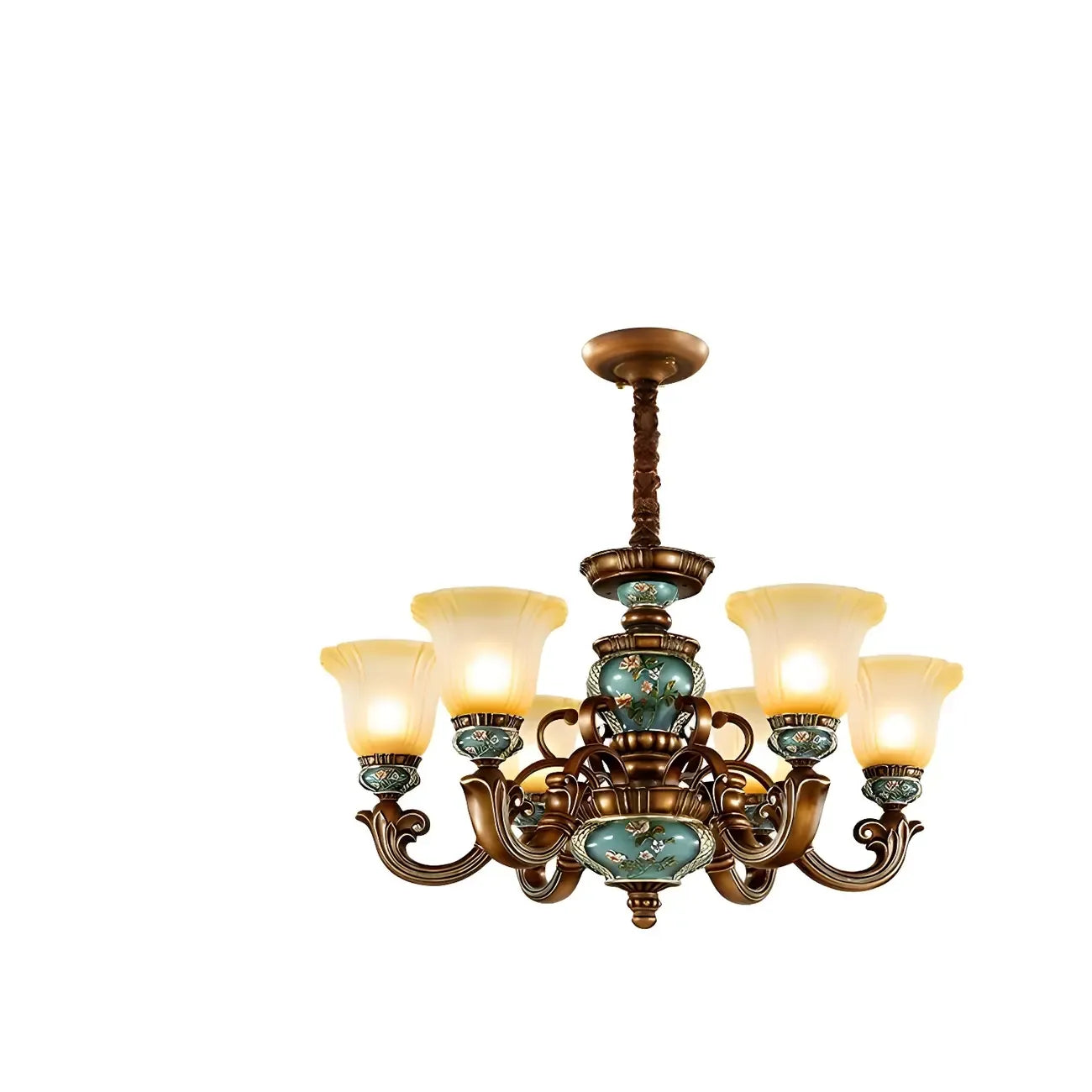 Lustre classique à motif floral en cuivre et verre dépoli céramique