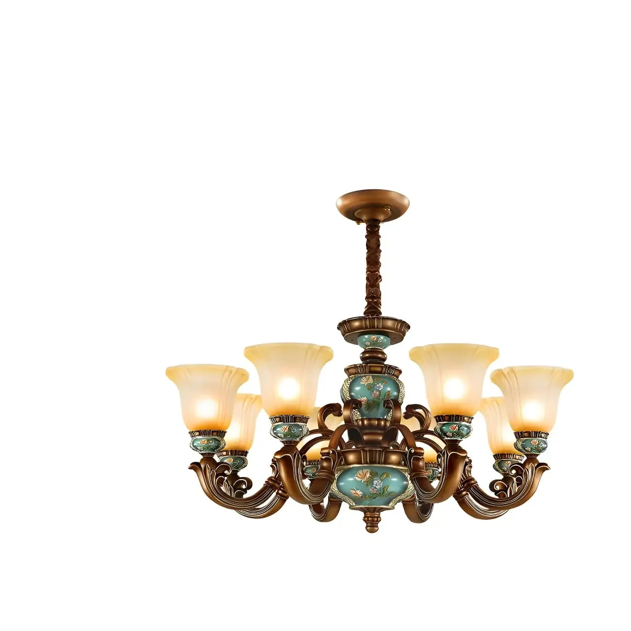 Lustre classique à motif floral en cuivre et verre dépoli céramique