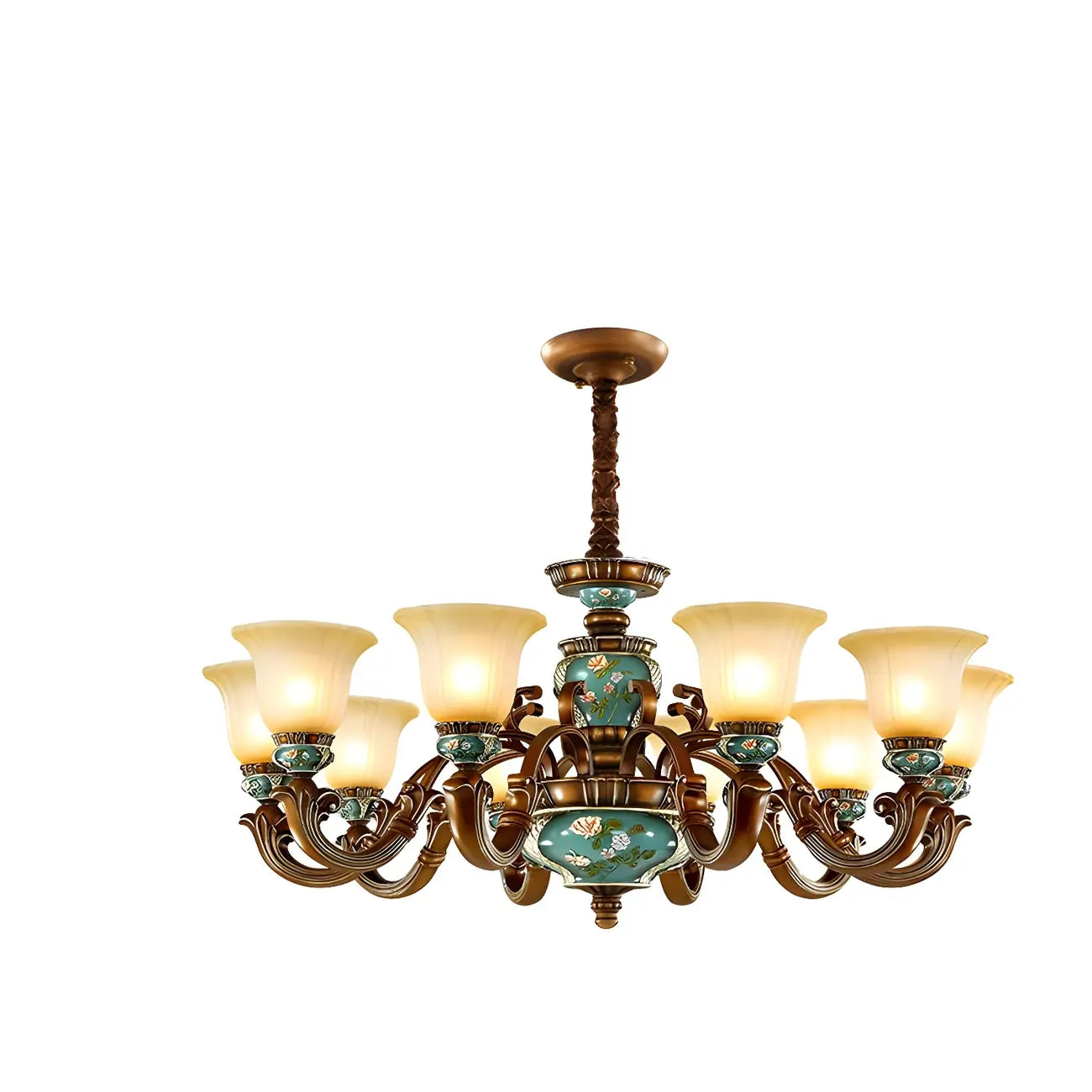 Lustre classique à motif floral en cuivre et verre dépoli céramique