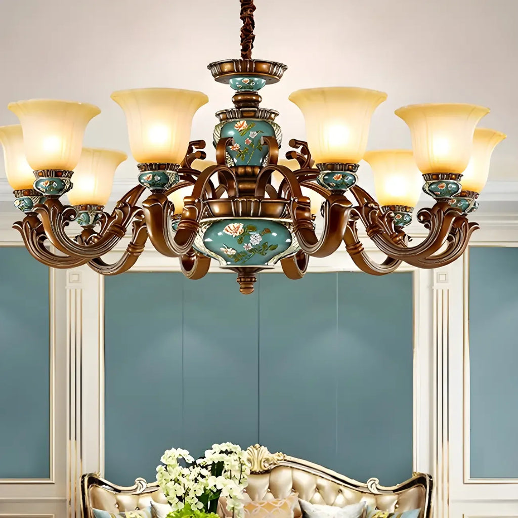 Lustre classique à motif floral en cuivre et verre dépoli céramique