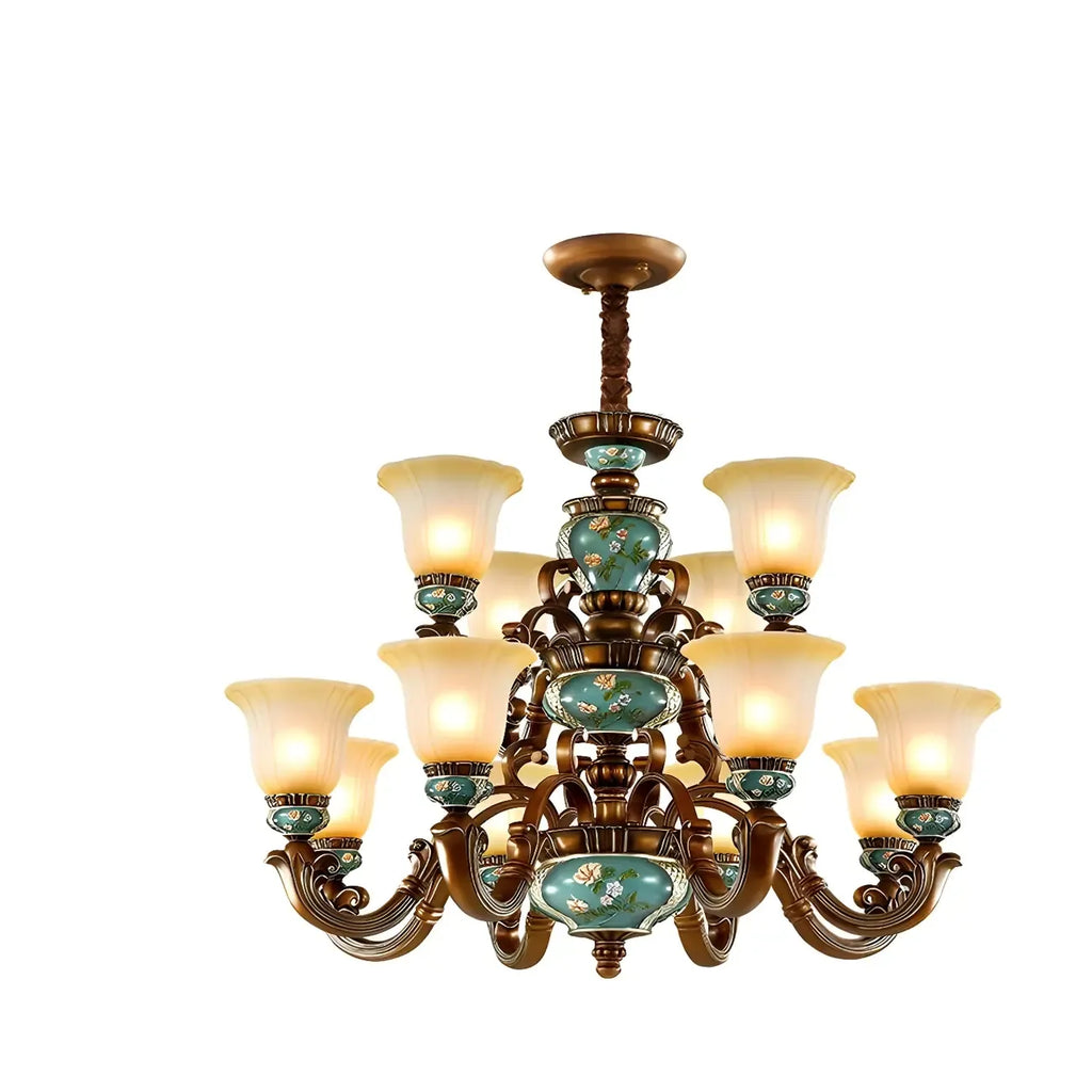 Lustre classique à motif floral en cuivre et verre dépoli céramique