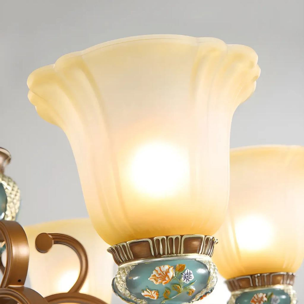 Lustre classique à motif floral en cuivre et verre dépoli céramique