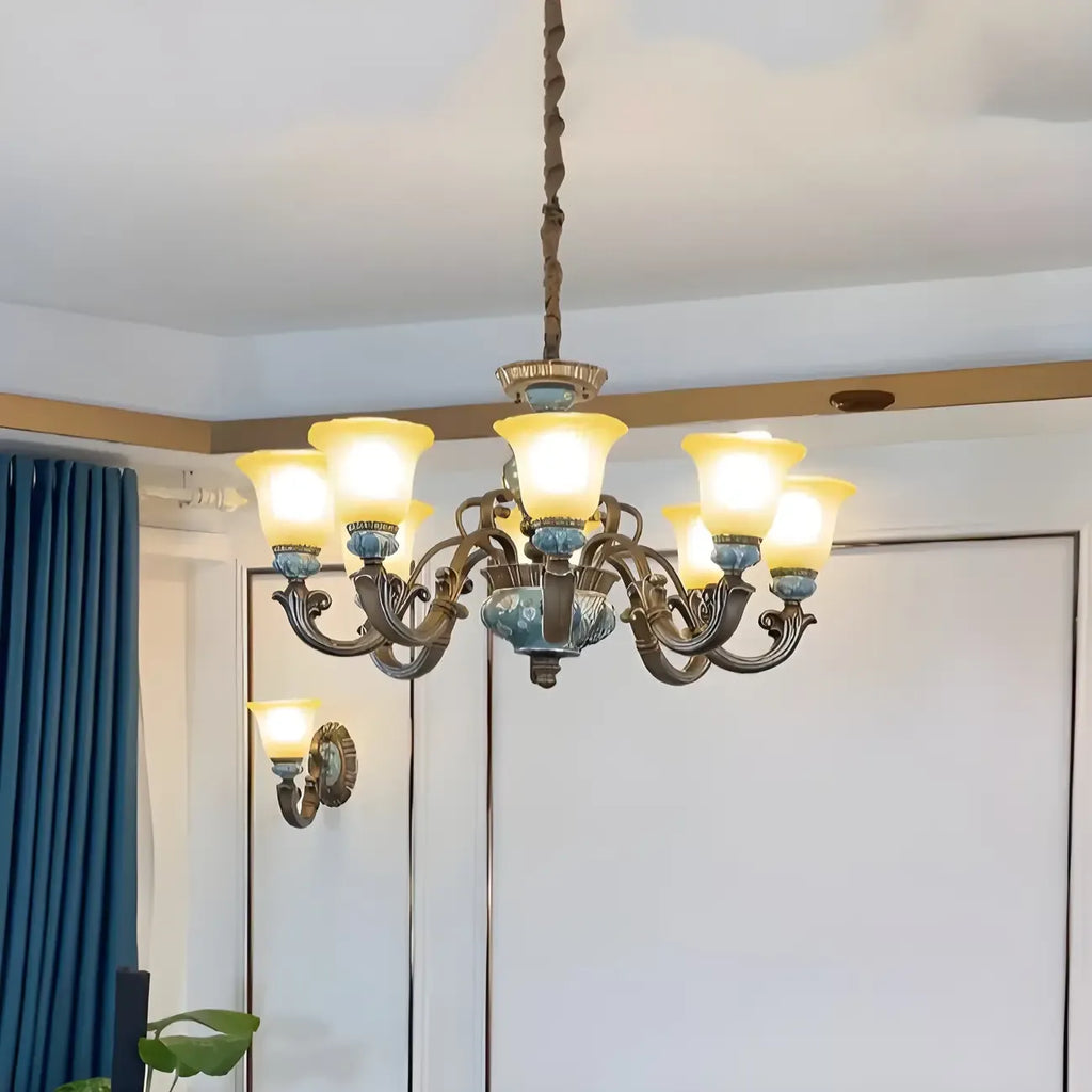 Lustre classique à motif floral en cuivre et verre dépoli céramique
