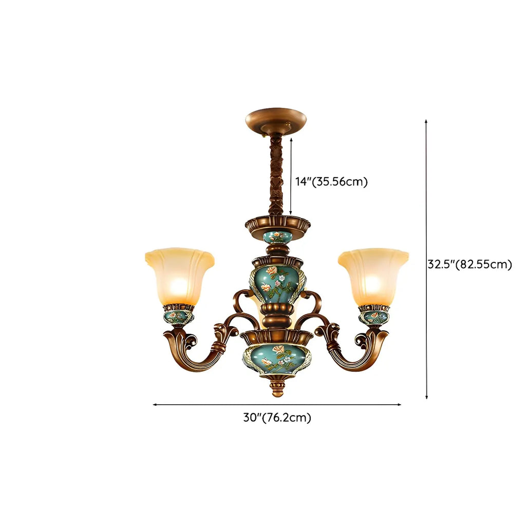 Lustre classique à motif floral en cuivre et verre dépoli céramique