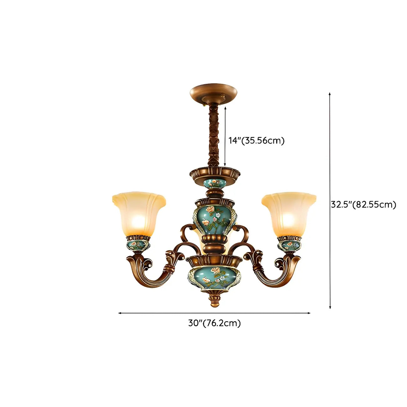 Lustre classique à motif floral en cuivre et verre dépoli céramique