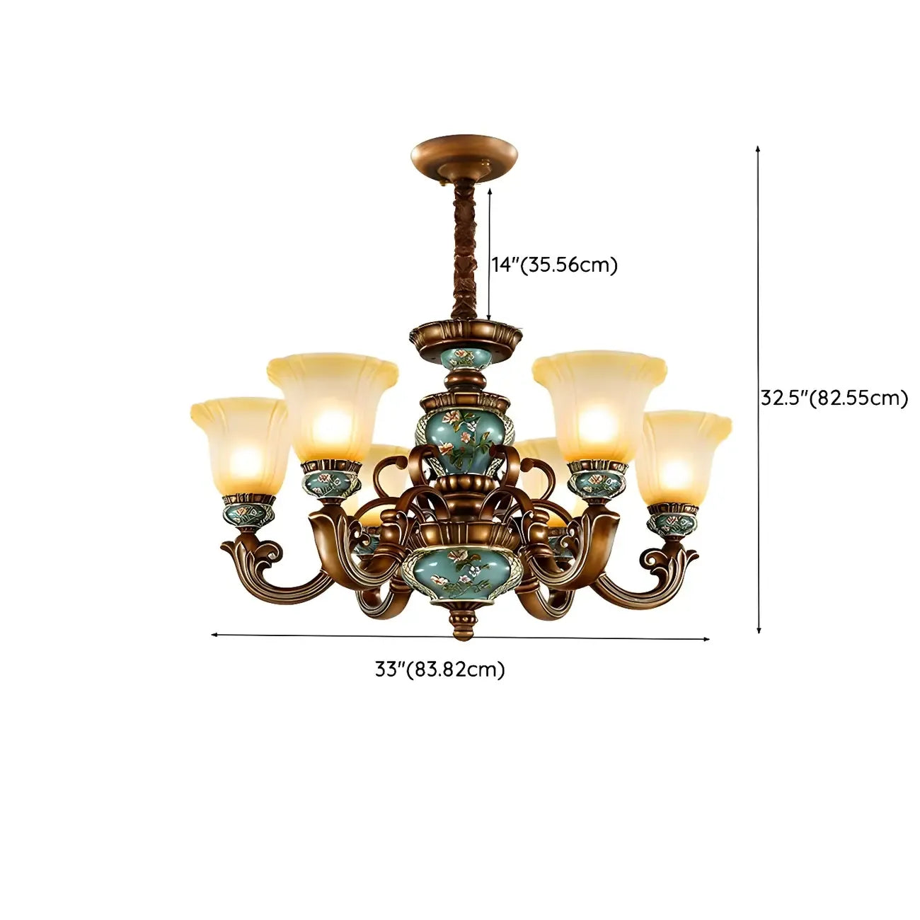 Lustre classique à motif floral en cuivre et verre dépoli céramique