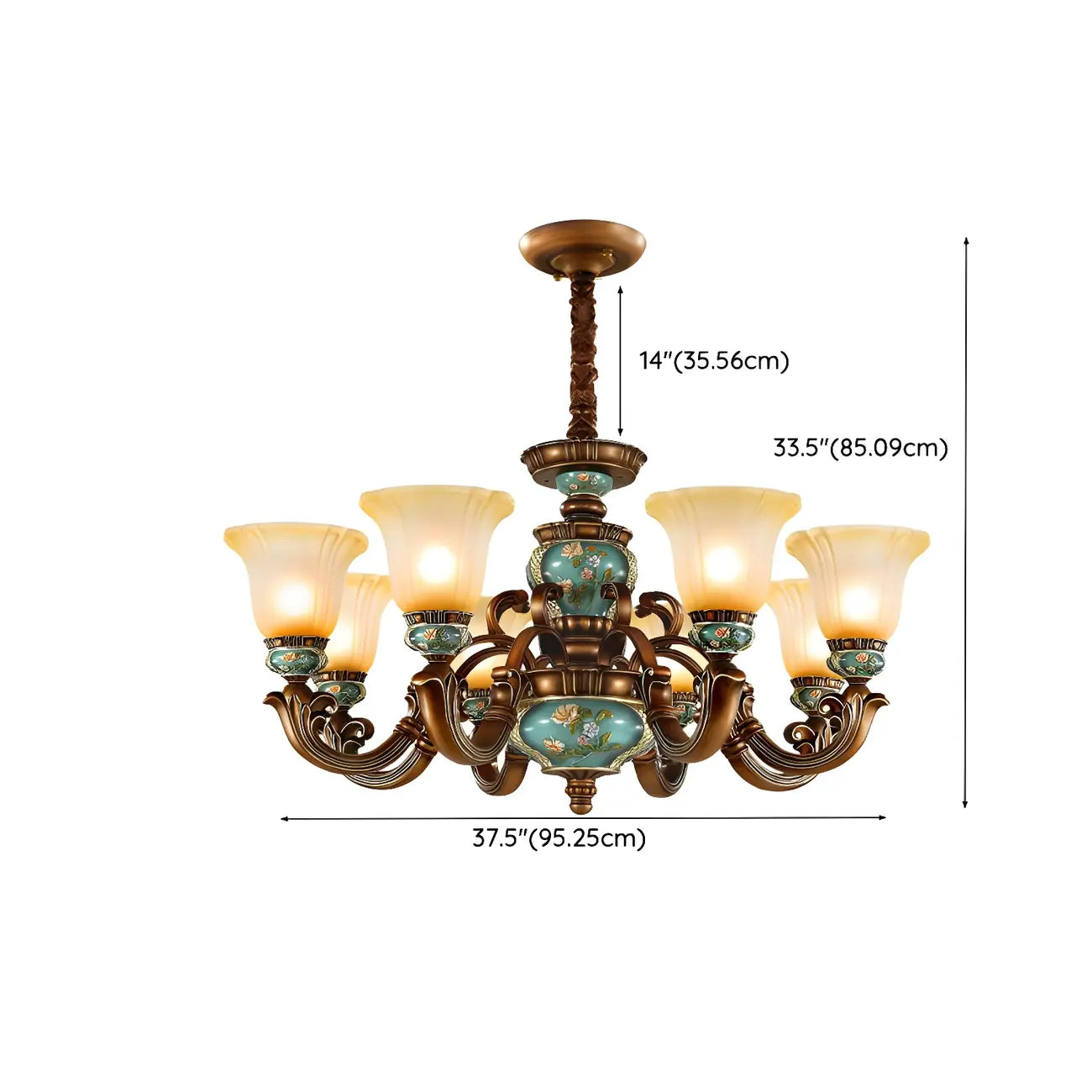 Lustre classique à motif floral en cuivre et verre dépoli céramique