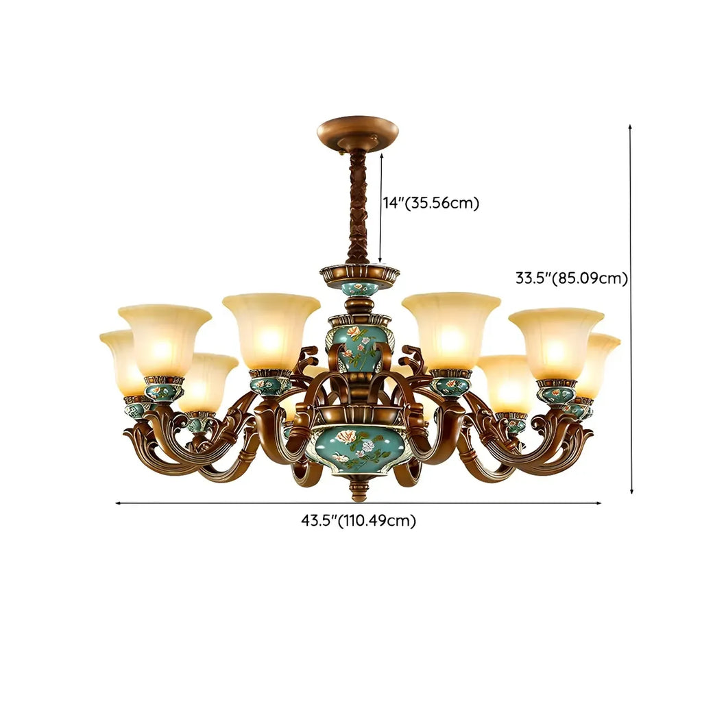 Lustre classique à motif floral en cuivre et verre dépoli céramique