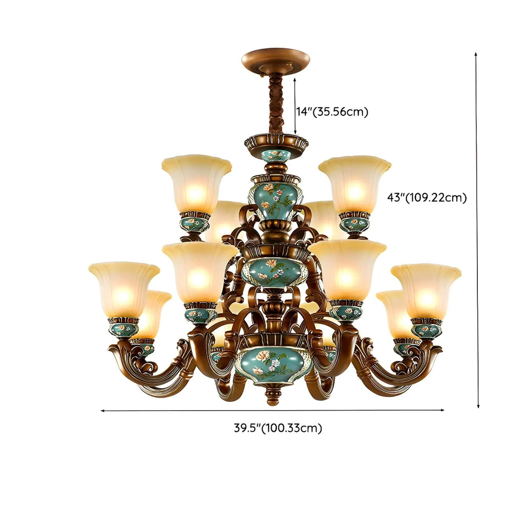 Lustre classique à motif floral en cuivre et verre dépoli céramique