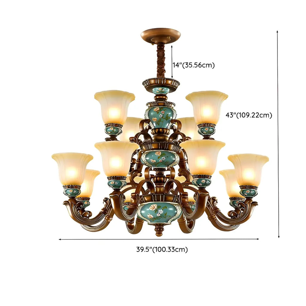 Lustre classique à motif floral en cuivre et verre dépoli céramique