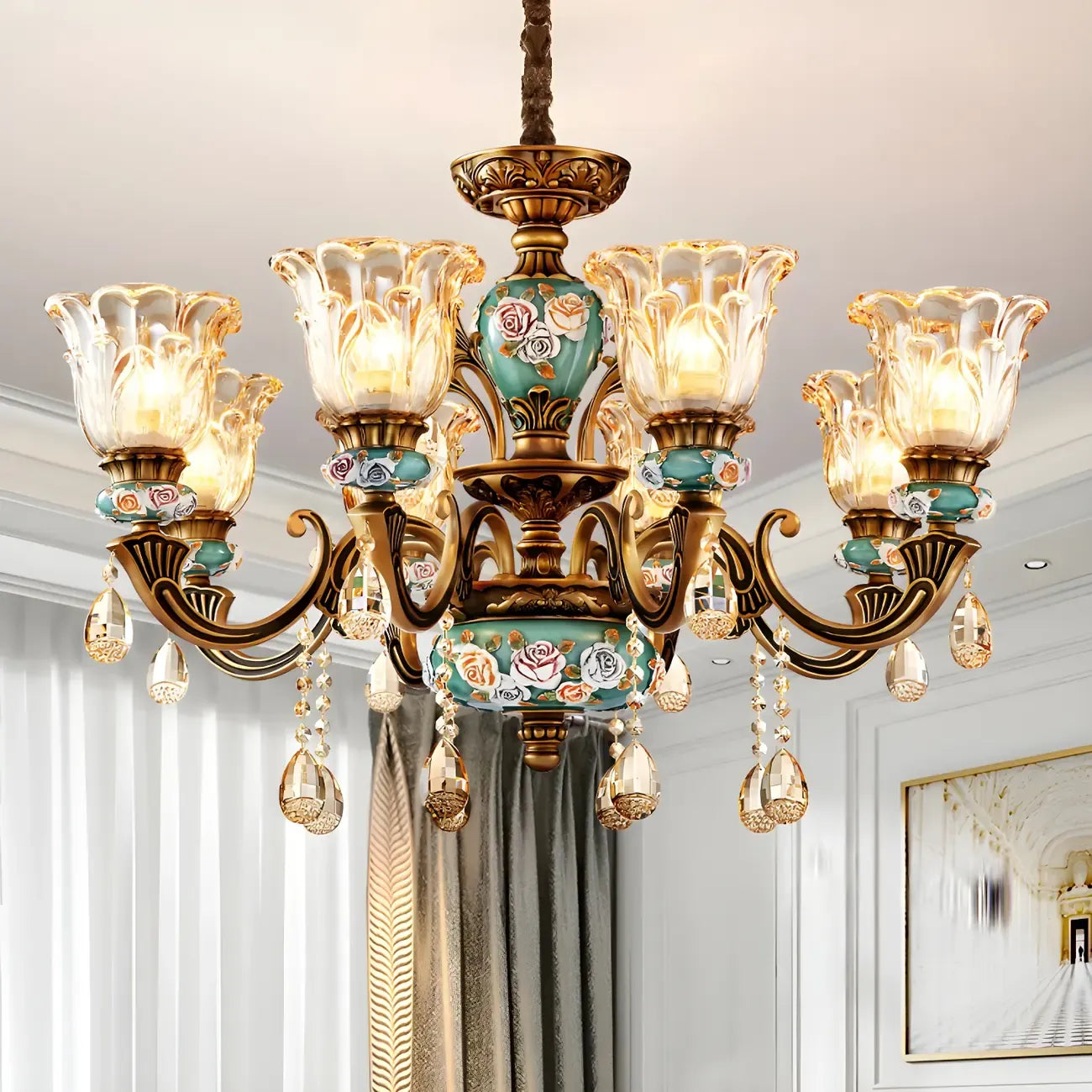 Lustre d'intérieur vintage en laiton, verre et cristal en forme de fleur