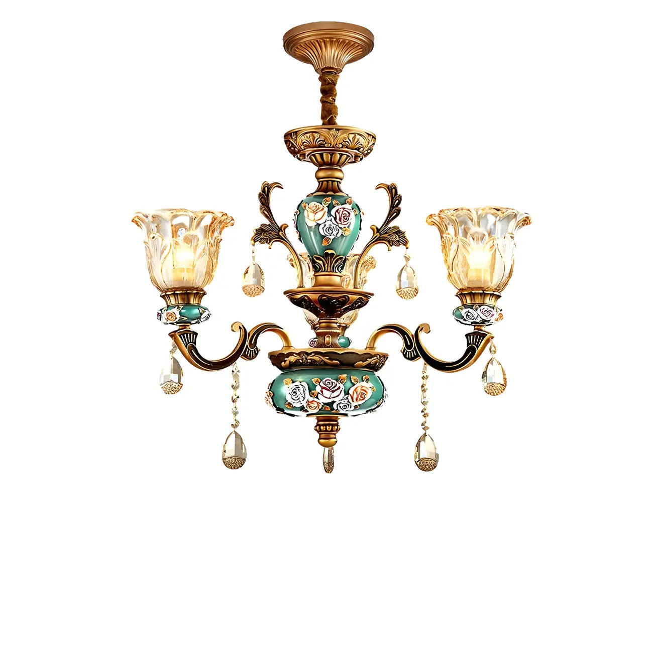 Lustre d'intérieur vintage en laiton, verre et cristal en forme de fleur