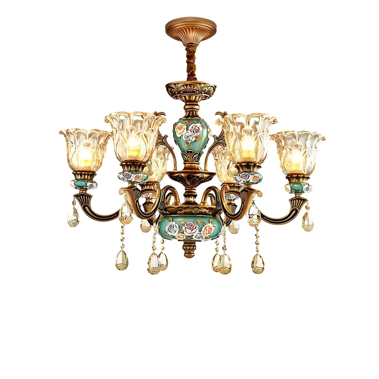 Lustre d'intérieur vintage en laiton, verre et cristal en forme de fleur