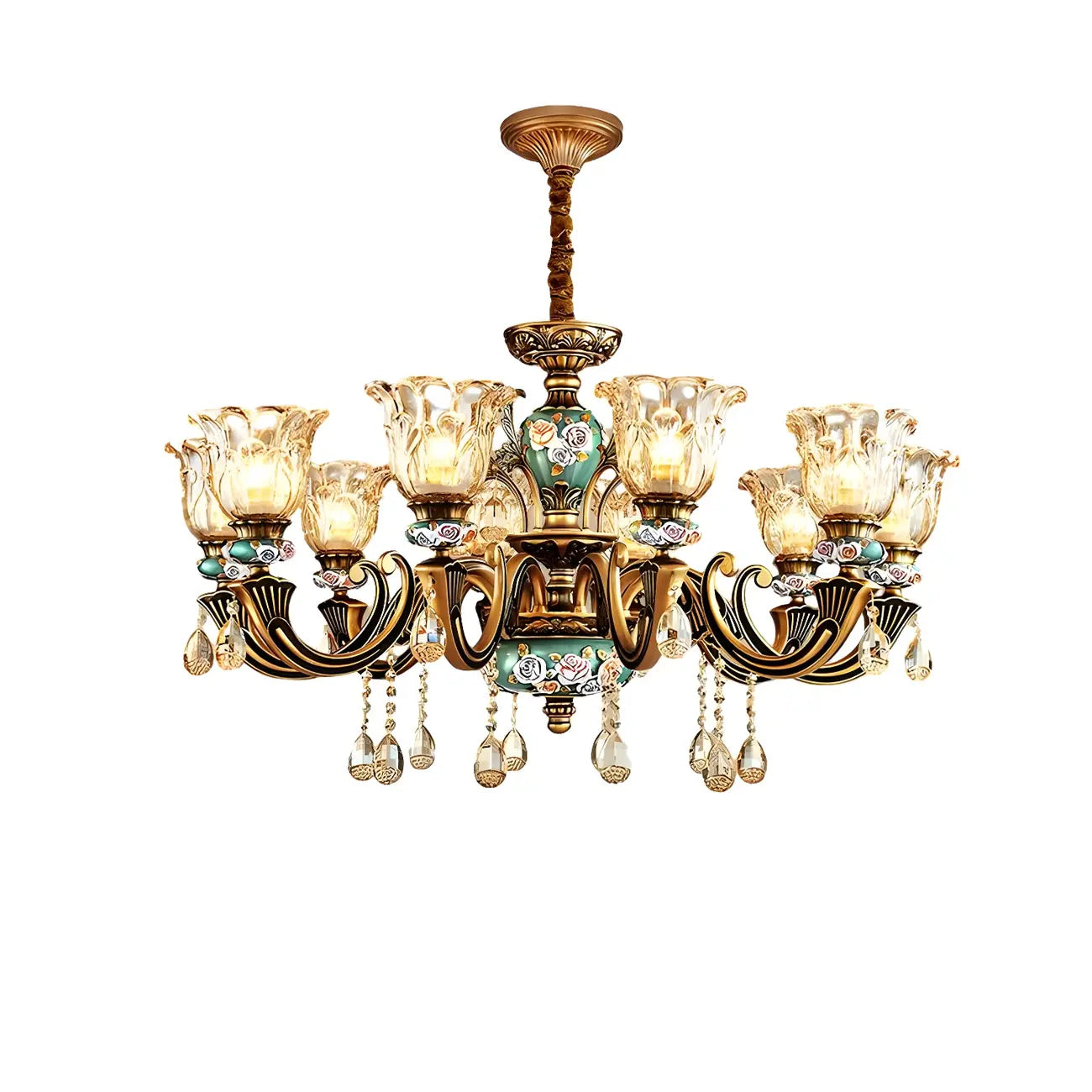 Lustre d'intérieur vintage en laiton, verre et cristal en forme de fleur