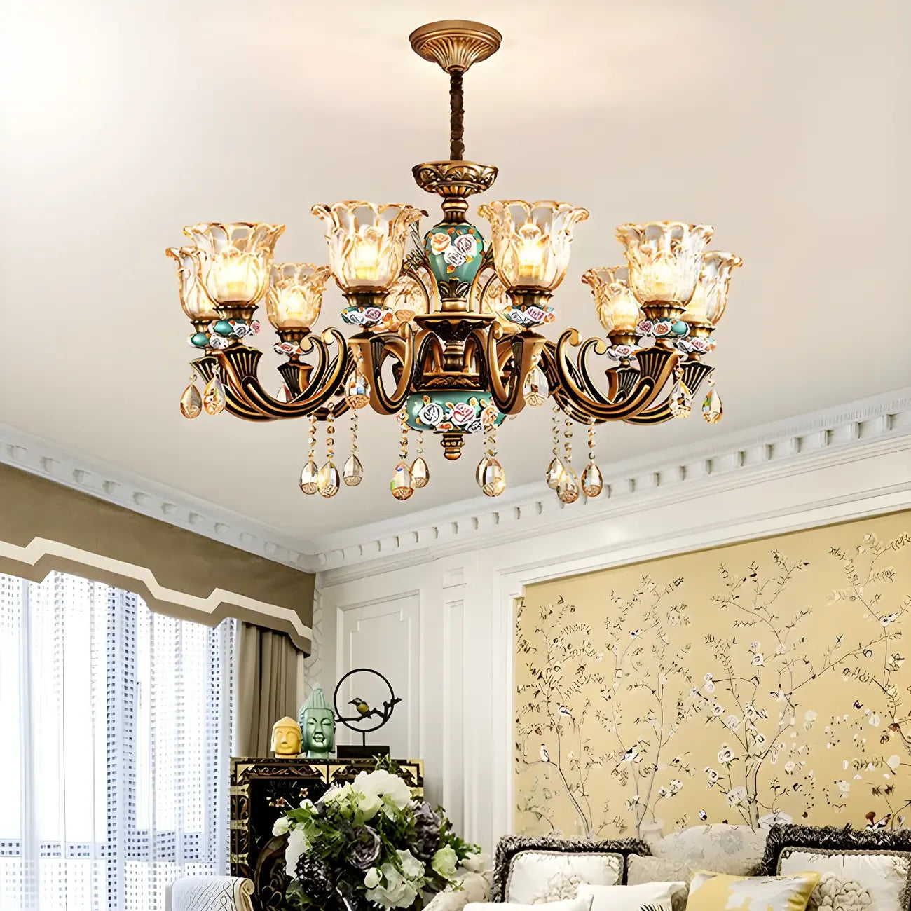 Lustre d'intérieur vintage en laiton, verre et cristal en forme de fleur