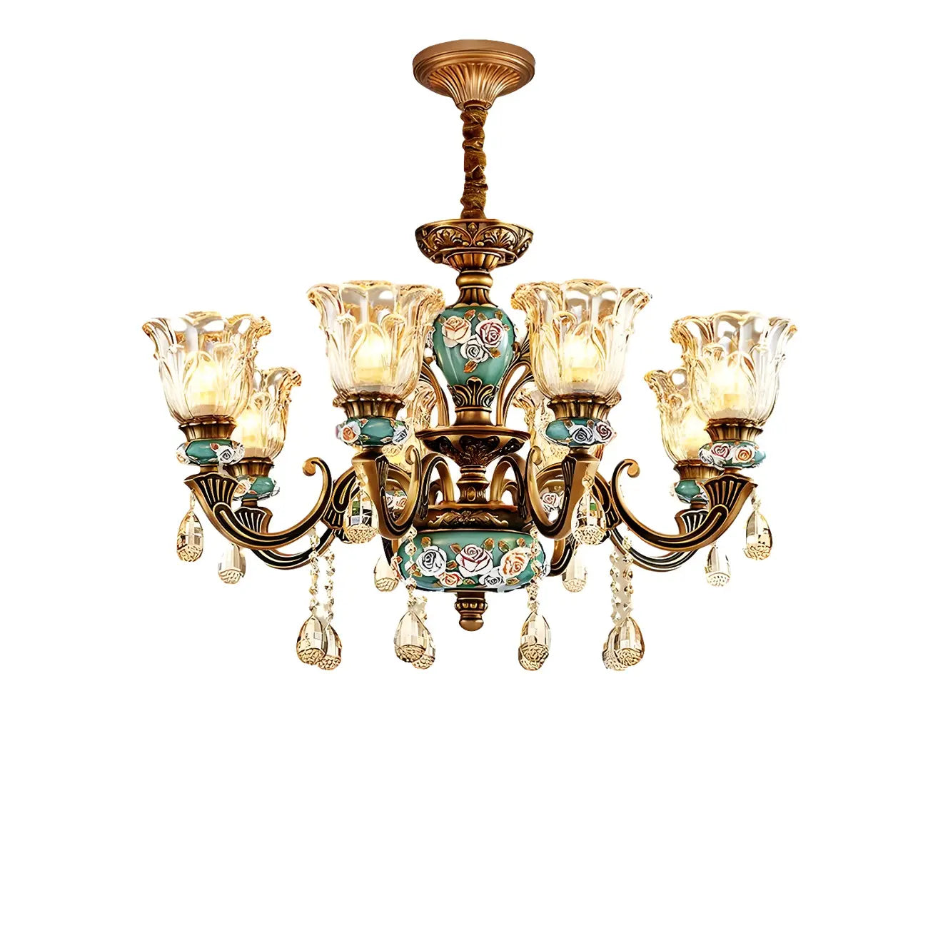 Lustre d'intérieur vintage en laiton, verre et cristal en forme de fleur