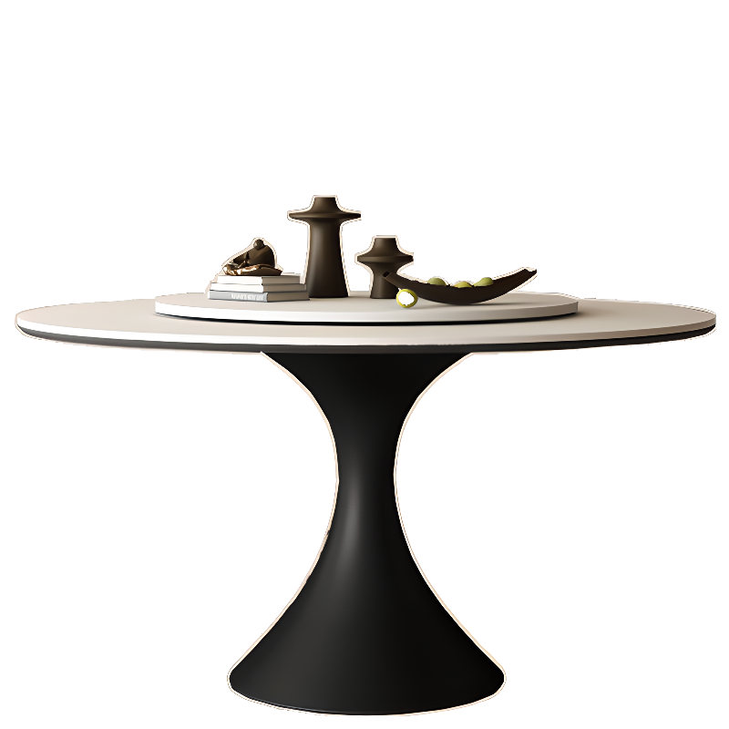 Table de salle à manger ronde moderne avec pied noir et plateau en pierre blanche