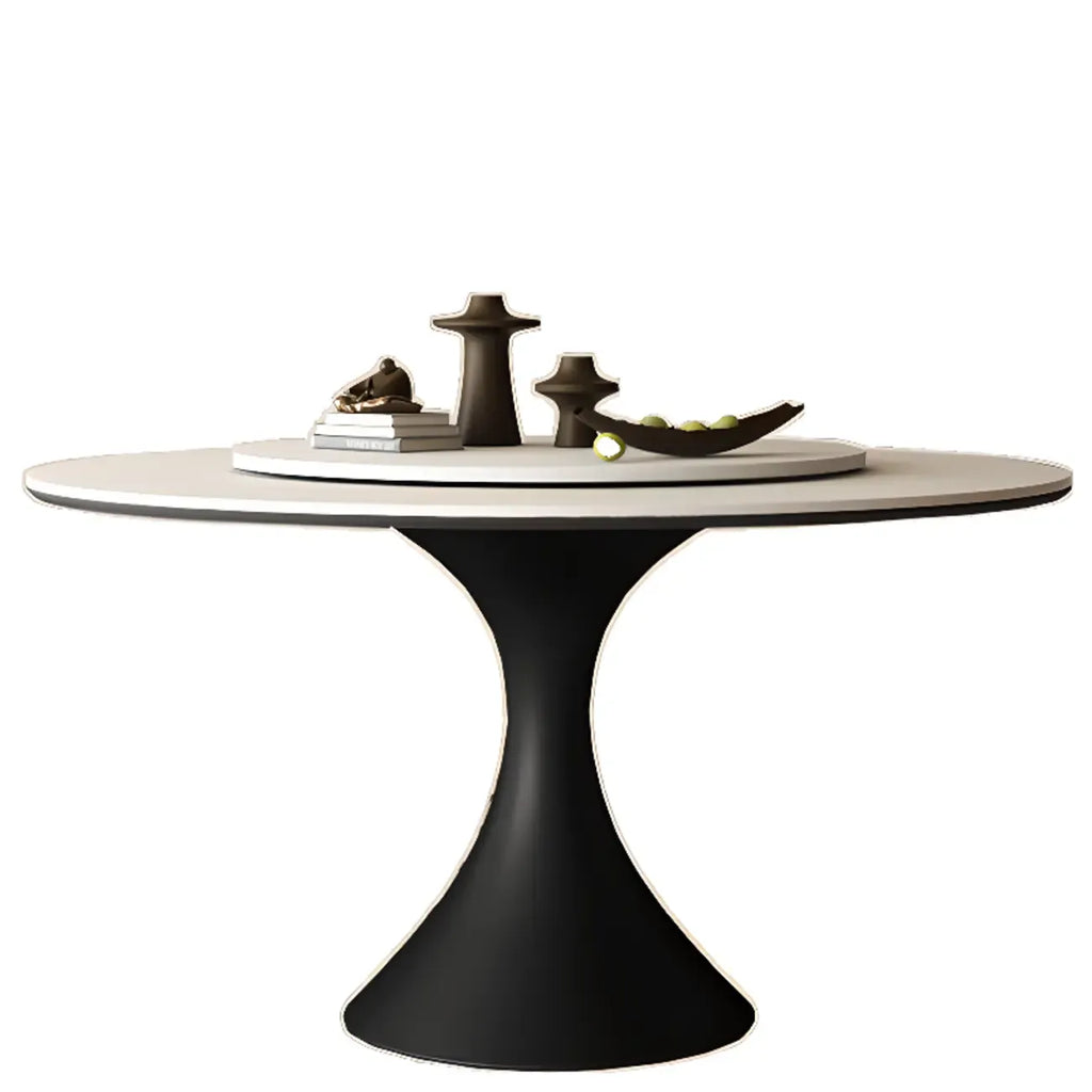 Table de salle à manger ronde moderne avec pied noir et plateau en pierre blanche