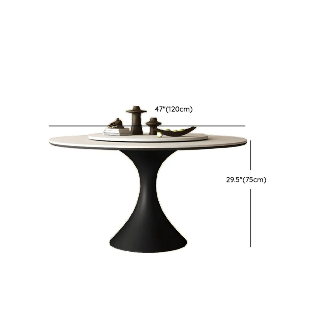 Table de salle à manger ronde moderne avec pied noir et plateau en pierre blanche