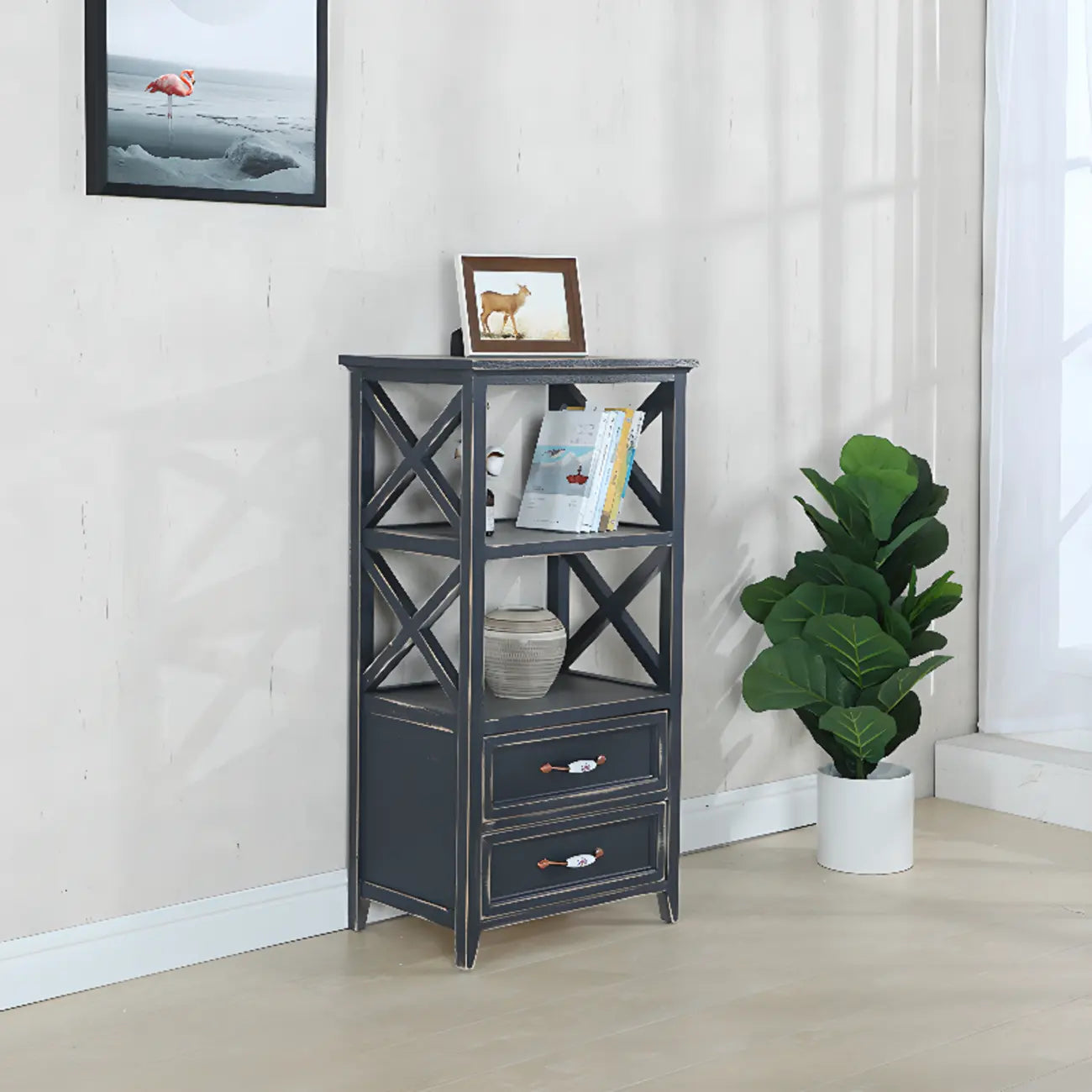 Libreria Antica Chic con Schienale Aperto in Legno Nero