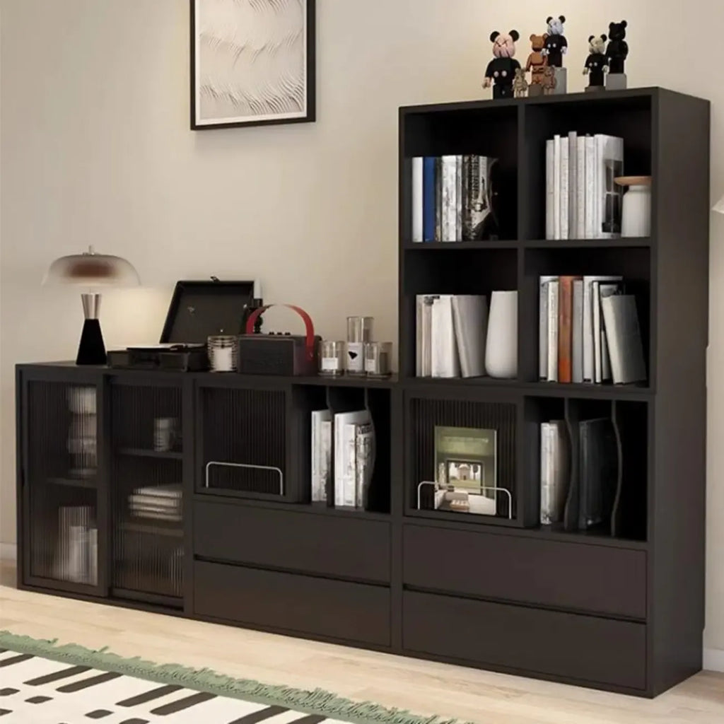 Bibliothèque cubique courte en bois noir avec tiroirs