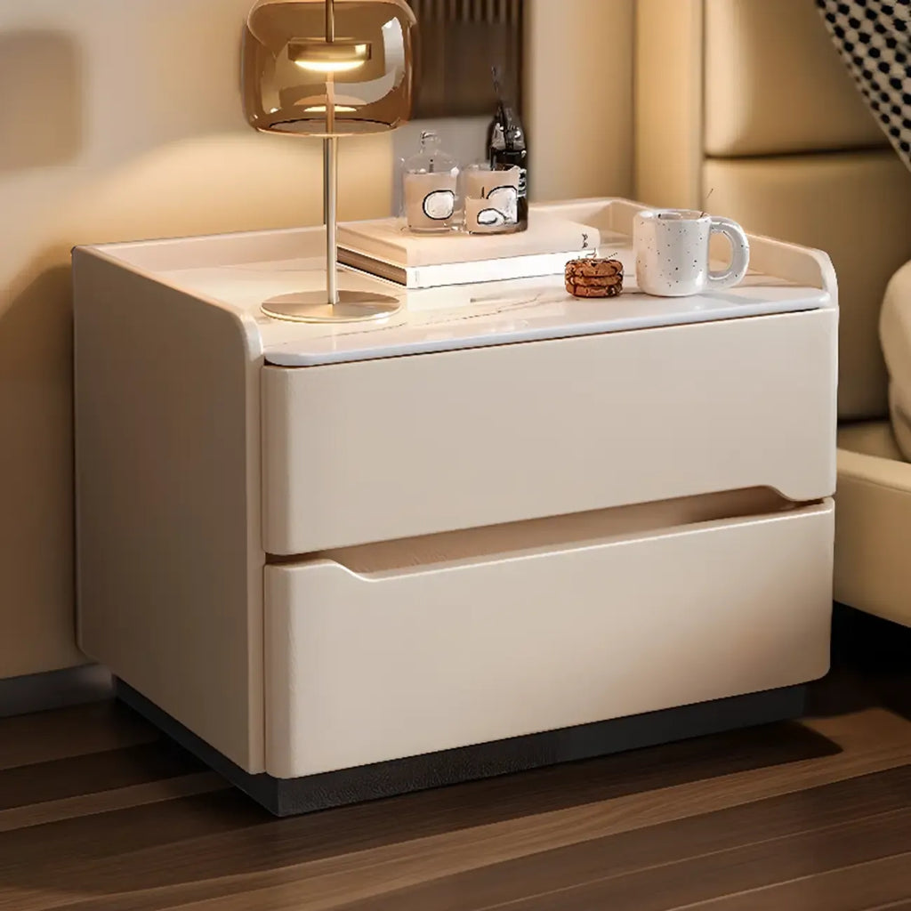 Table de chevet moderne en cuir avec plateau en pierre et 2 tiroirs
