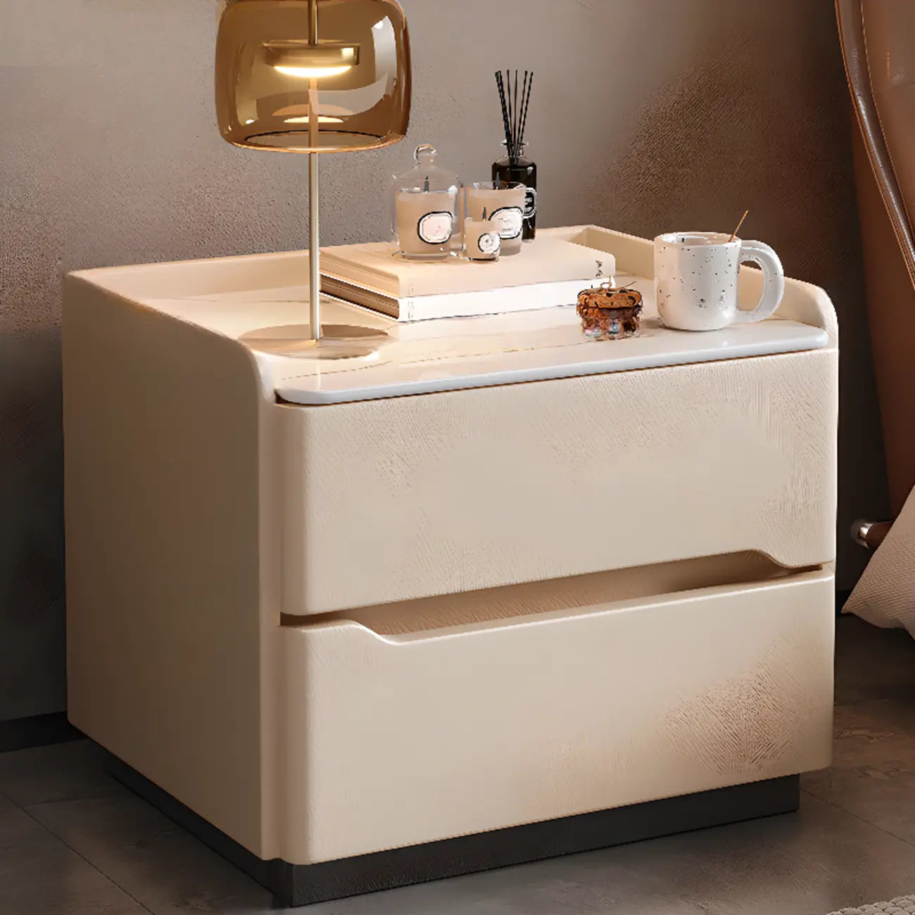 Table de chevet moderne en cuir avec plateau en pierre et 2 tiroirs
