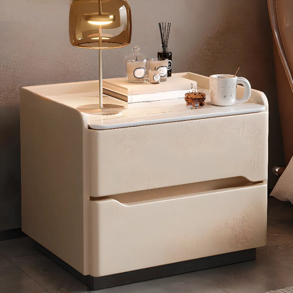 Table de chevet moderne en cuir avec plateau en pierre et 2 tiroirs