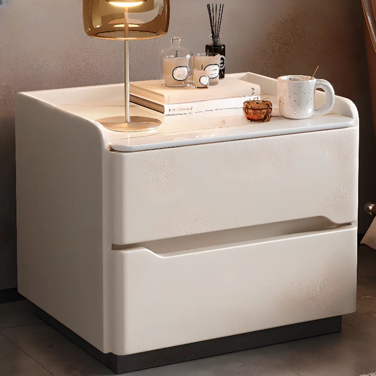 Table de chevet moderne en cuir avec plateau en pierre et 2 tiroirs