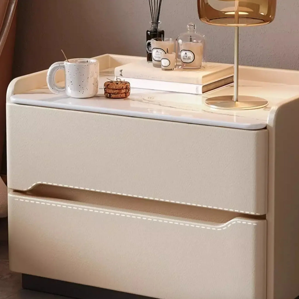 Table de chevet moderne en cuir avec plateau en pierre et 2 tiroirs