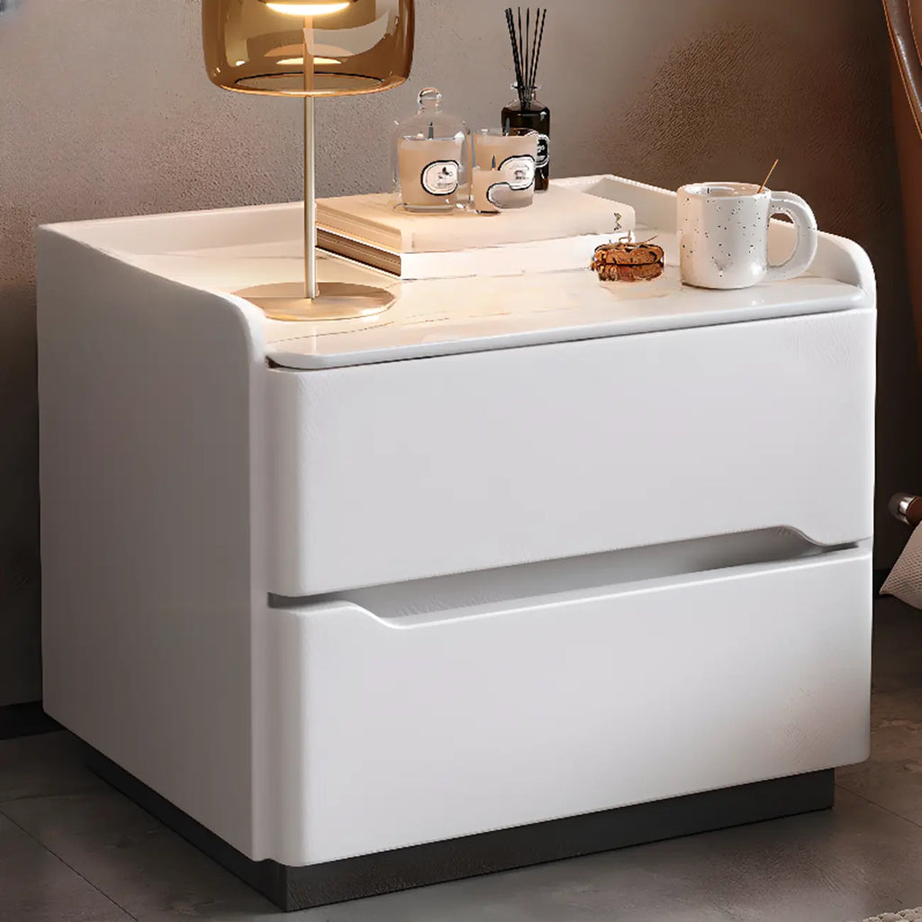 Table de chevet moderne en cuir avec plateau en pierre et 2 tiroirs