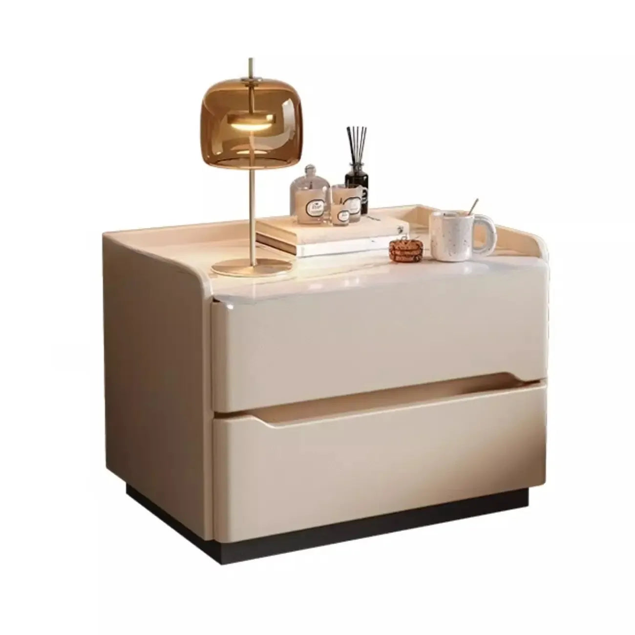 Table de chevet moderne en cuir avec plateau en pierre et 2 tiroirs