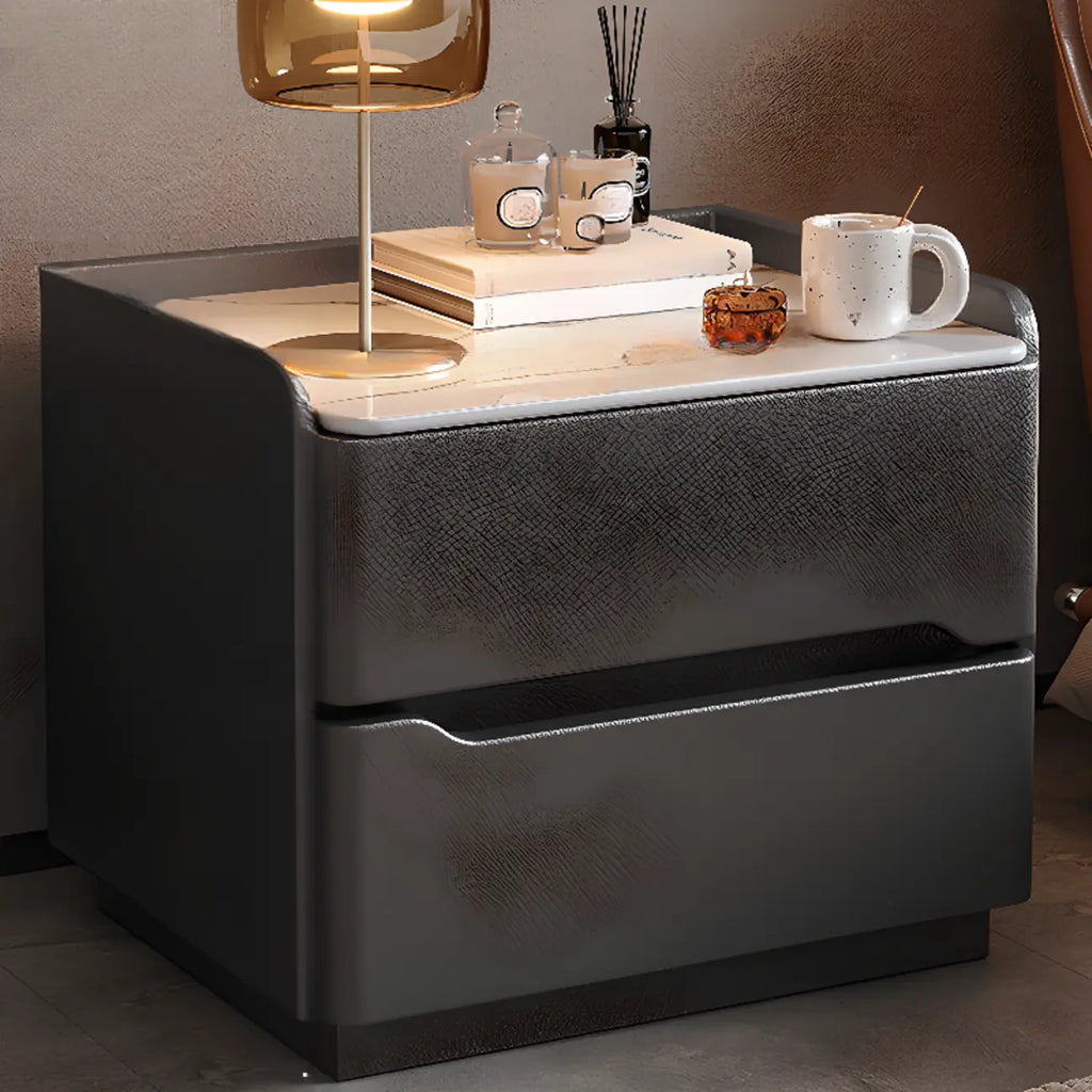 Table de chevet moderne en cuir avec plateau en pierre et 2 tiroirs