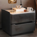Table de chevet moderne en cuir avec plateau en pierre et 2 tiroirs