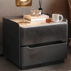 Table de chevet moderne en cuir avec plateau en pierre et 2 tiroirs