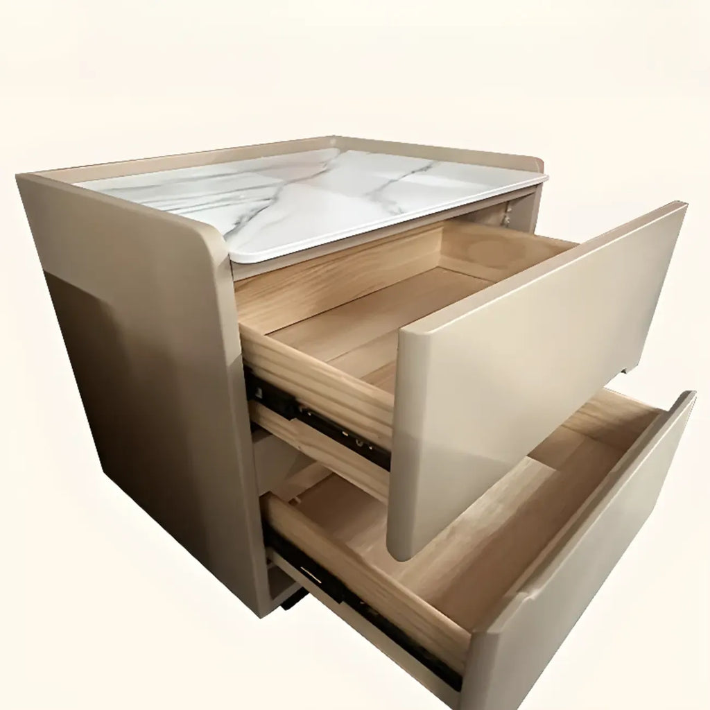 Table de chevet moderne en cuir avec plateau en pierre et 2 tiroirs