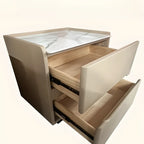 Table de chevet moderne en cuir avec plateau en pierre et 2 tiroirs