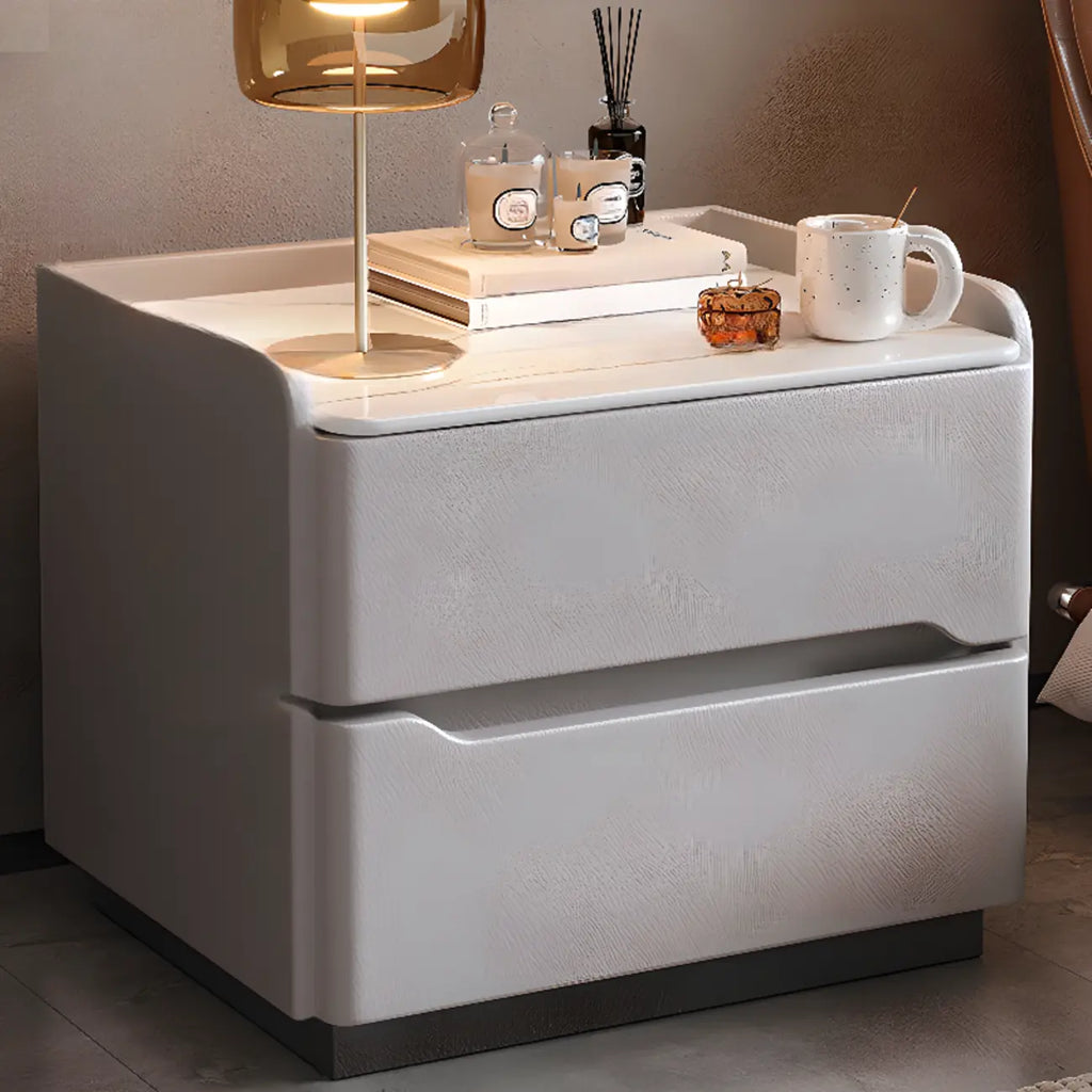 Table de chevet moderne en cuir avec plateau en pierre et 2 tiroirs