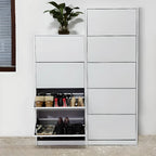 Armoire à chaussures haute en bois blanc avec façade rabattable pour couloir